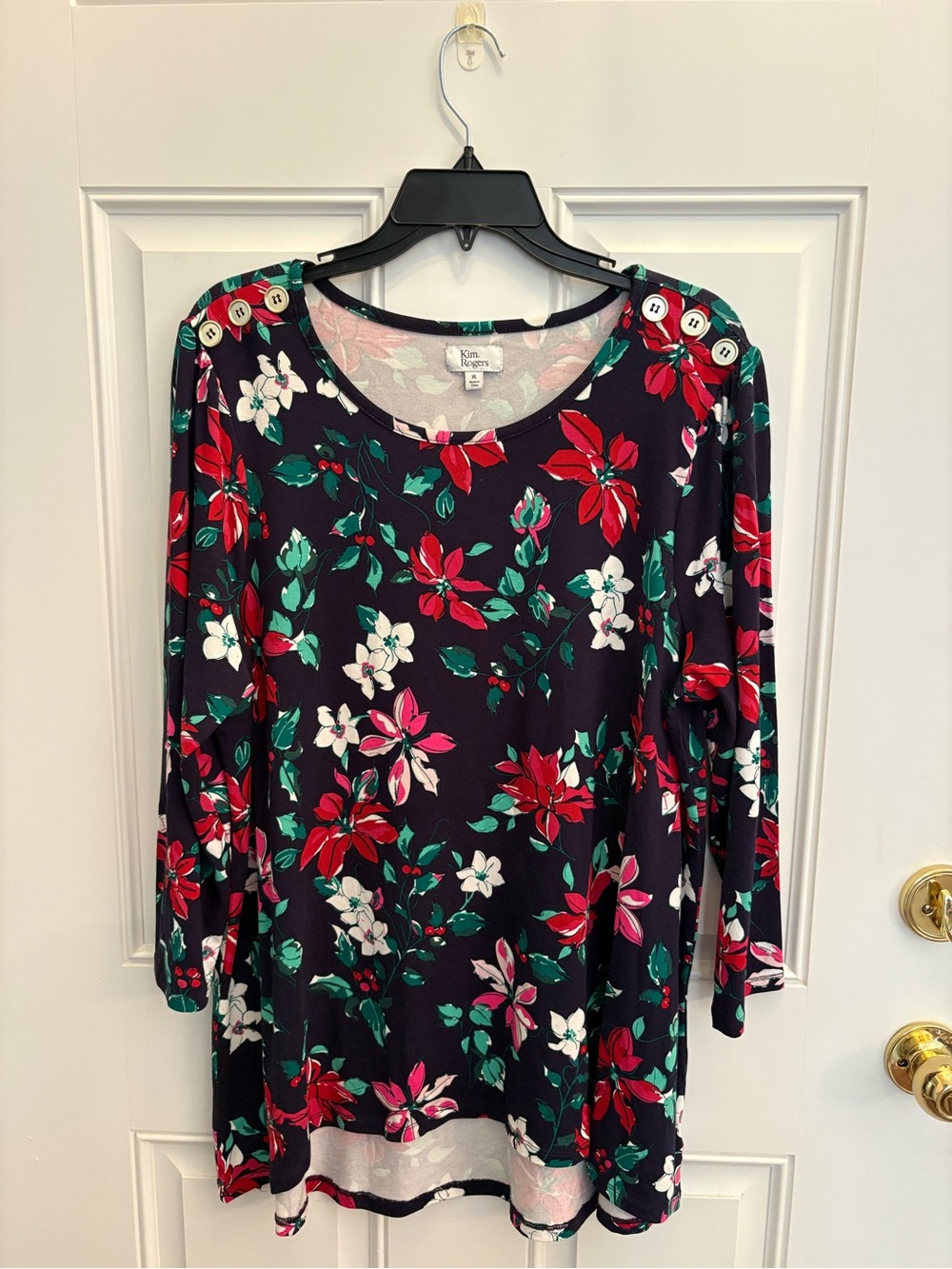 Kim Rogers Black Floral Button-Shoulder Women's Top